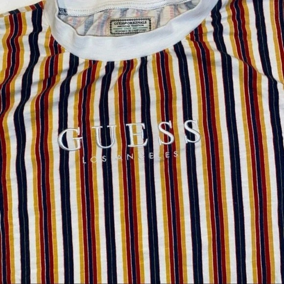 Guess‎ Originals Striped T-Shirt Mens Medium Navy Red Yellow Retro Preppy - Picture 3 of 4